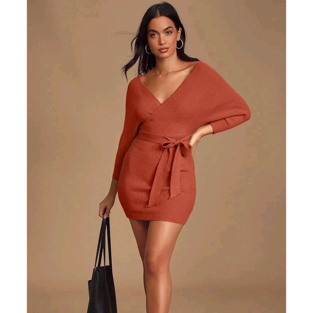 Lulus Mini Bodycon Sweater Dress Belt Rust Brown Orange Modena Dolman Sleeve L